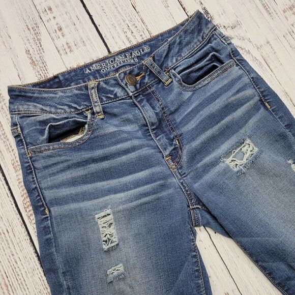 American Eagle Women's Size 6 Hi-Rise Jegging Distressed Dark Wash Skinny Jeans - Picture 4 of 10